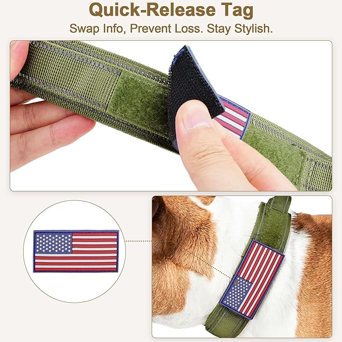 KCUCOP Heavy Duty Tactical Dog Collar and Leash Set, Military Training Nylon Reflective Collar with Handle Metal Buckle for Medium Large Dogs, Green, M (1 Patch Included)