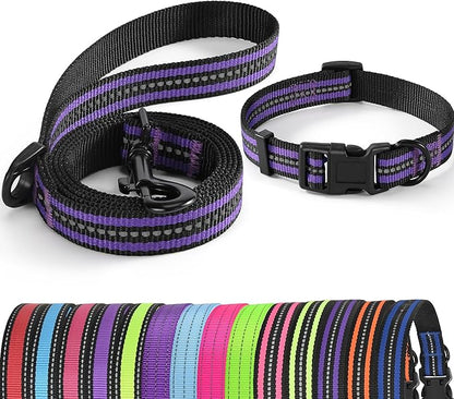 Mile High Life Reflective Dog Collar & Leash Set - Adjustable, Medium (Purple, Pack of 2)