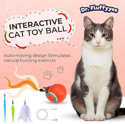 Dr. Fluffyyes Interactive Cat Toy Ball - Motion-Activated, USB Rechargeable Cat Toys for Indoor Cats with Anti-Scratch Cover & 2 Changeable Tails - Enrichment Toy for Active Cats & Kittens