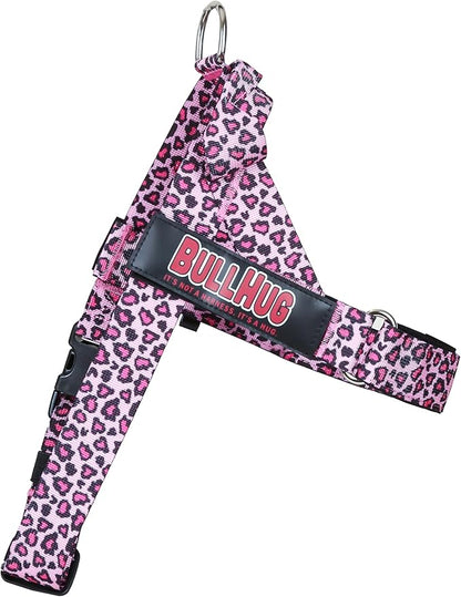 BULLHUG Adjustable Dog Harness– No Pull, No Choke – for English Bulldogs, French Bulldogs, Pugs & Broad-Chested Breeds – Easy, Safe Walks (Leopard Pink, Large)
