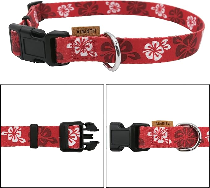 Dog Collar, Cute Floral Pattern, Soft and Adjustable Collar with Quick Release Buckle (S (Neck 11-18", Width 5/8"), Hawaiian Red)