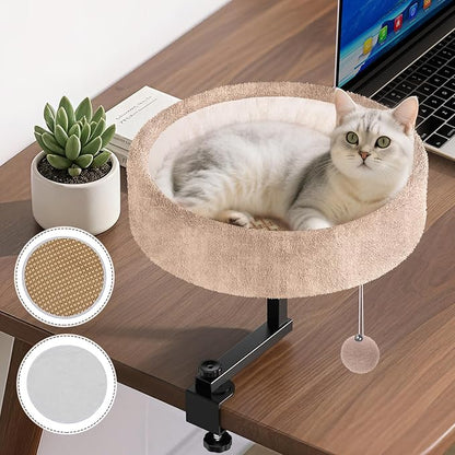 Chumajor Cat Desk Bed - 360° Rotating & Adjustable, Supports 44 lbs, Soft Faux Fur with Dual-Sided Reversible Mat, Modern Indoor Cat Nest Furniture for Office Desks and Game Tables, Island Table