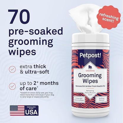 Petpost Large Grooming Wipes for Dogs | 70 Count Deodorizing Dog Cleaning Wipes with Coconut Extract & Aloe | Gentle Pet Wipes with Cherry Blossom Scent for Full-Body Grooming