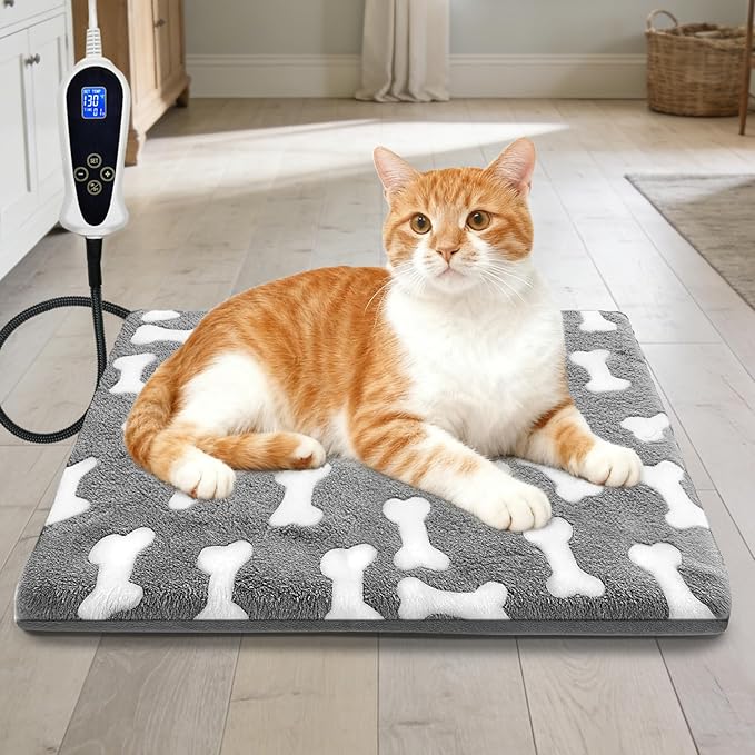 Bestio Cat Heating Pad, 18×18 in Waterproof Heated Cat Bed with Intelligent Constant Temperature Switch and Metal Protective Tube, Pet Heating Pads for Cats Dogs with Washable Cover-Grey