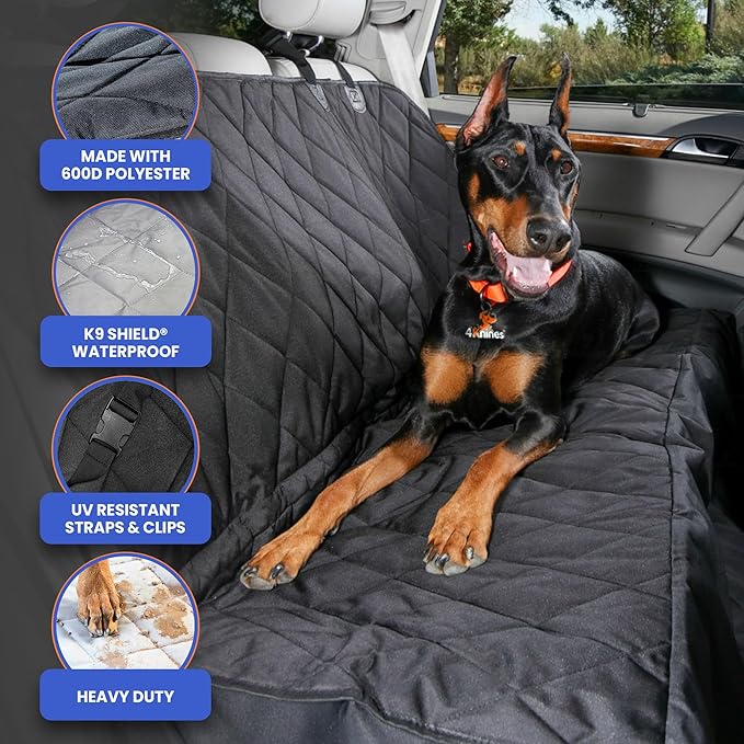 4Knines Dog Backseat Cover with Hammock for Cars, SUVs, and Trucks – Waterproof Layers, Nonslip Seat Protector, Durable Nylon Clips, K9 Shield with Heavy Duty Thread, (Extra Large, Black)