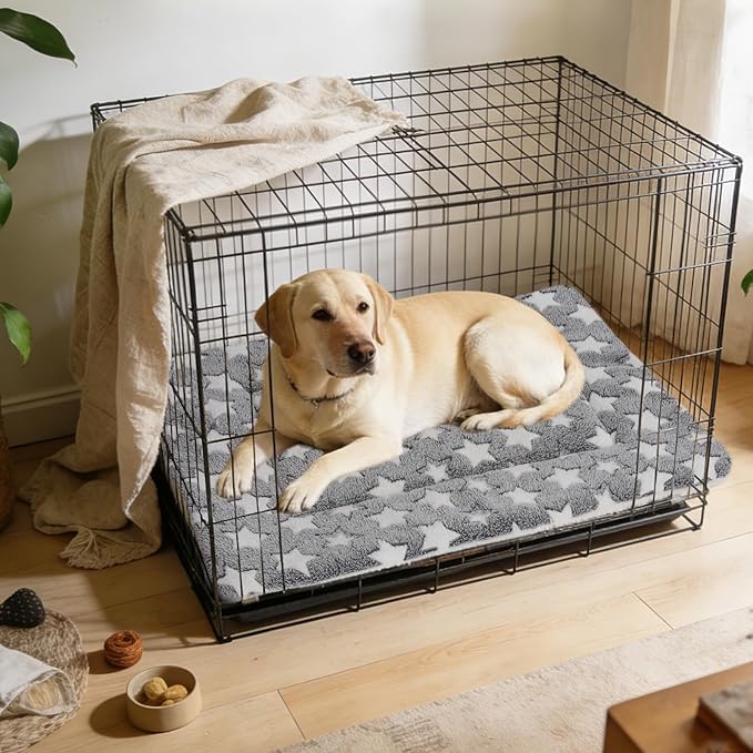 Mora Pets Dog Bed Crate Pad Ultra Soft Pet Bed with Cute Star Print Washable Crate Mat for Large Medium Small Dogs Reversible Fleece Dog Crate Kennel Mat Cat Bed Liner 41 x 29 inch Grey