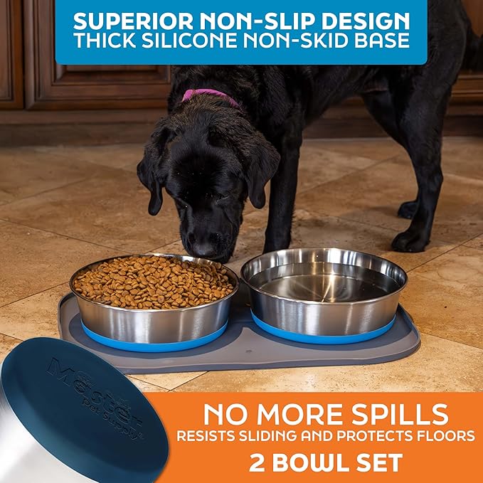 Master Pet Supply Stainless Steel Dog Bowls Set of 2 with Extra Thick Silicone Base - 16 Cup (128 oz) Navy Blue, Non-Slip, Dishwasher Safe Metal Bowls, Pet Dog Food Bowl for Dogs, Cats, Anti Rust
