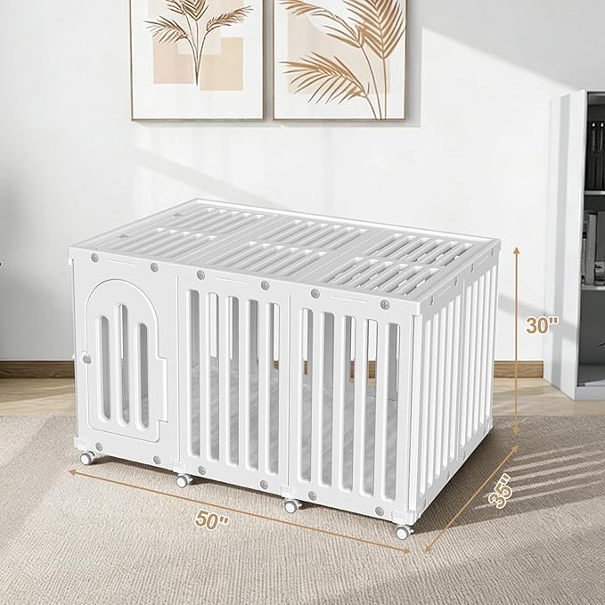 AOOLE Dog Playpen with Door & Cover Top, Fence Panel Puppy Playpen, Room Dog Crate, Pet Playpen for Small & Medium Dogs, Puppy Play Pen for Indoors & Outdoor (50" L x 35" W x 30" H)