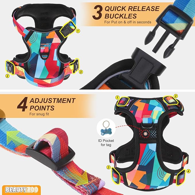 BEAUTYZOO No Pull Dog Harness Large, Adjustable Dog Harness and Leash Set -Easy Wearing with 3 Buckles/Control Handle,No Choke Soft Padded Reflective Pet Vest for Training Walking Hiking, L
