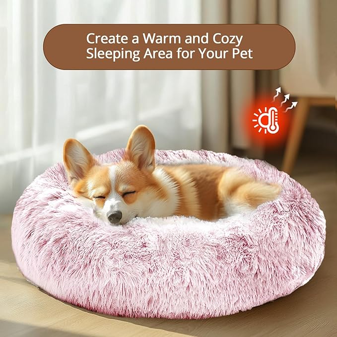JOLLYVOGUE Calming Dog Bed for Small Dogs - 23 inches Donut Washable Small Dog Bed for Kittens & Puppies, Anti-Slip Round Fluffy Plush Faux Fur Cat Beds (Fits up to 25 lbs Pets, Smoke Pink)