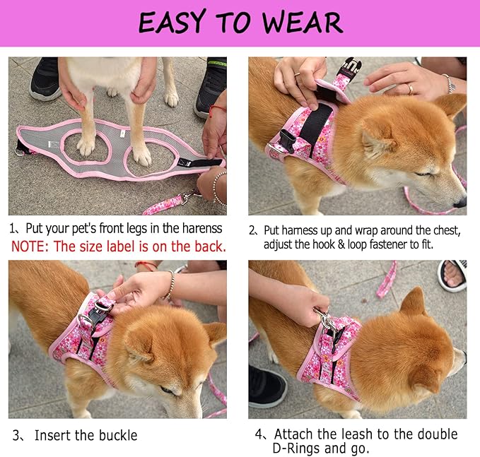 Moonpet Step in Dog Harness Leash Set- All Weather Reflective No-Pull Floral Pattern Padded Mesh Vest Harness for Cats Puppy Extra-Small Small Medium Large Dogs - Purple Flower - XXS