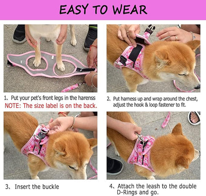 Moonpet Step in Dog Harness Leash Set- All Weather Reflective No-Pull Floral Pattern Padded Mesh Vest Harness for Cats Puppy Extra-Small Small Medium Large Dogs - Purple Flower - XXS