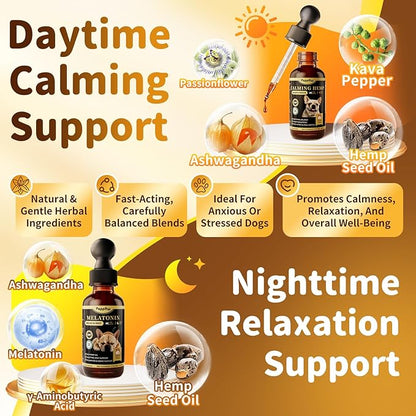 POPPAW Dog Calming & Melatonin Drops, Day & Night Calm Support Set, Soothe Separation & Stress, Enhance Calmness & Sleep with Valerian Root, Ashwagandha, GABA, Melatonin, Chicken Flavor, 2 FL.Oz