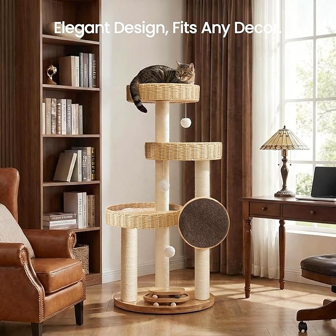 Solid Wood Cat Tree,Modern Cat Tower with Scratching Posts, Hand-Woven Beds & Toys | Heavy-Duty 20lbs Capacity,Indoor Cat Furniture for Big Cats