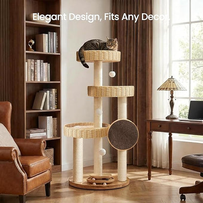 Solid Wood Cat Tree,Modern Cat Tower with Scratching Posts, Hand-Woven Beds & Toys | Heavy-Duty 20lbs Capacity,Indoor Cat Furniture for Big Cats