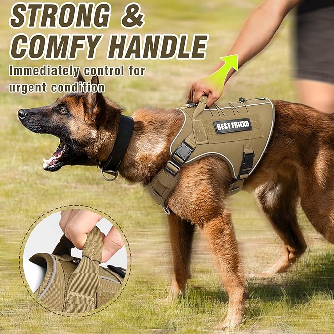 Tactical Dog Harness for Large Dogs,No Pull Military Dog Vest with Handle,Reflective Heavy Duty Pet Harness for K9 Working Walking Hiking Training Brown XL
