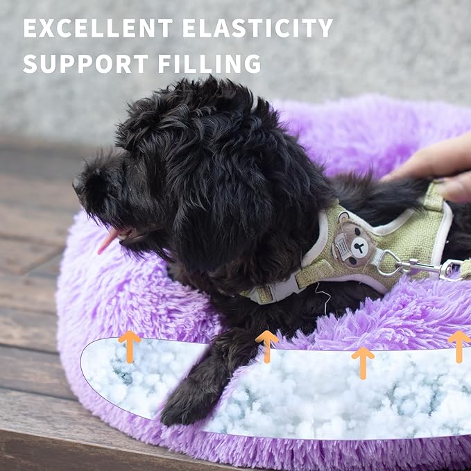 Calming Donut Dogs Beds for Small Dogs Washable,19inch Fluffy Round Puppy Bed for Puppies,Cats & Toy Breeds with Raised Rim,Fits up to 15 lbs Pets,Purple