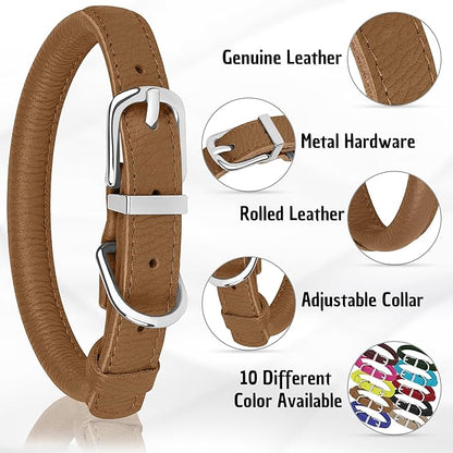 OOPSDOGGY Rolled Leather Dog Collar Soft Roll Collars for Small Medium Large Dogs Puppy (Brown, XS, 8"-11")