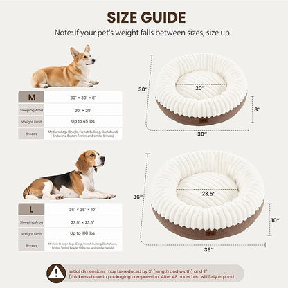 Warmrest Donut Dog Bed Medium Size Dog 30 Inch, Round Cat Beds for Small Medium Dogs and Cats with Washable Fluffy Faux Fur, Cute Comfort Pet Bed with Anti-Slip Bottom, Cream