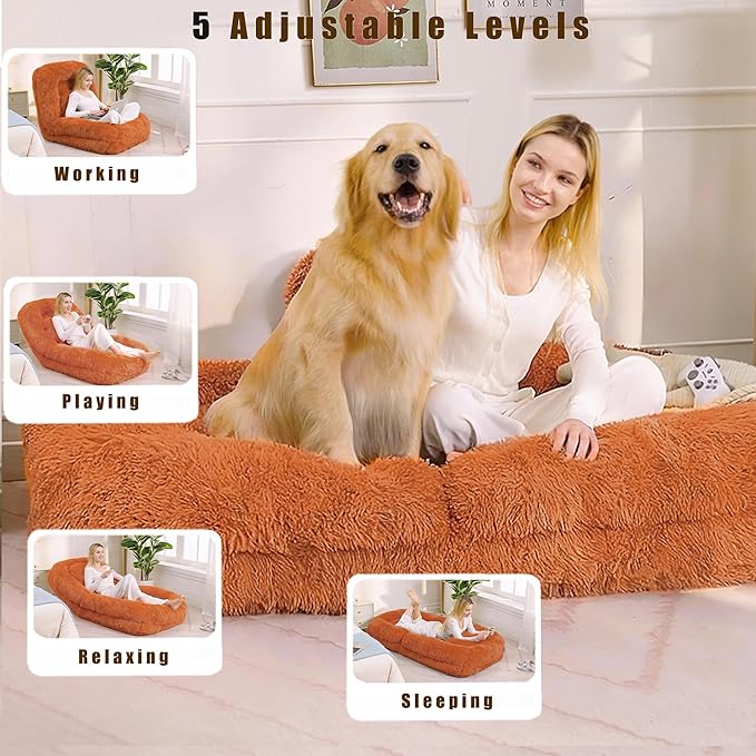 KEIKI 69" Human Dog Bed for Adults, 5-Position Adjustable Convertible Floor Sofa Chair, Human Size Dog Bed for People, Plush Faux Fur Lazy Sofa for Gaming, Meditation & Relaxation, Orange