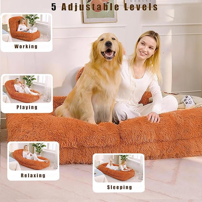 KEIKI 69" Human Dog Bed for Adults, 5-Position Adjustable Convertible Floor Sofa Chair, Human Size Dog Bed for People, Plush Faux Fur Lazy Sofa for Gaming, Meditation & Relaxation, Orange