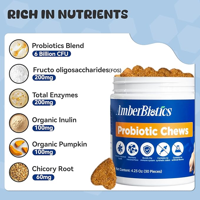 Probiotics for Dogs, Boosts Immune System, Improves Digestion, Supports Gut Health, Relieves and Prevents Diarrhea and Soft Stools, Chicken Flavor Soft Chews - 30 Tablets (120g)