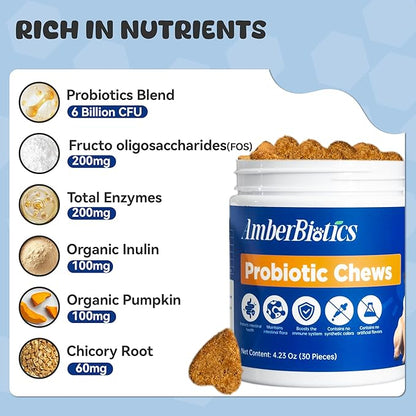 Probiotics for Dogs, Boosts Immune System, Improves Digestion, Supports Gut Health, Relieves and Prevents Diarrhea and Soft Stools, Chicken Flavor Soft Chews - 30 Tablets (120g)