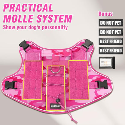 Tactical Dog Harness for Large Dogs,No Pull Military Dog Vest with Easy Control Handle&Molle,Reflective Heavy Duty Pet Harness for K9 Working Hiking Training Daily Walking Camo Pink XL