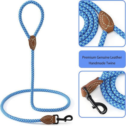 Mile High Life | Mountain Climbing Dog Rope Leash with Heavy Duty Metal Sturdy Clasp | Genuine Leather Tailored Connection with Strong Stitches (Sky Blue Hot Blue, 60 Inch (Pack of 1))