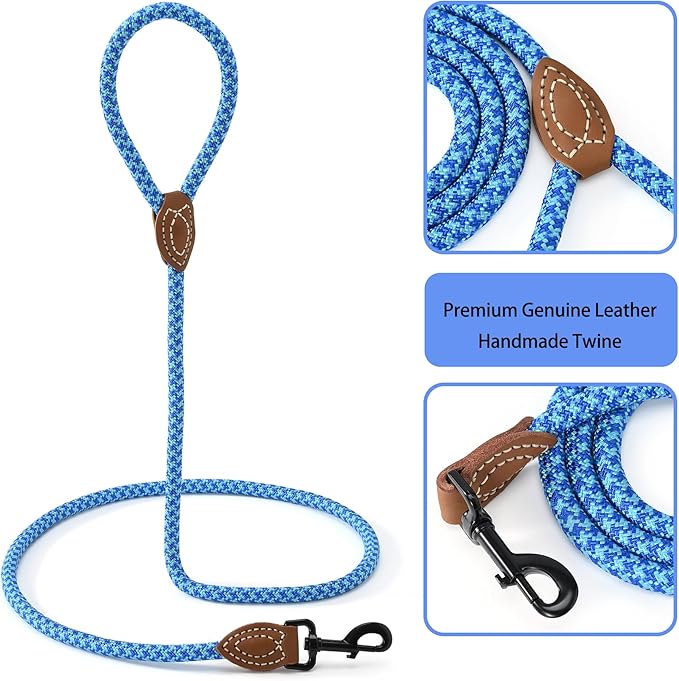 Mile High Life | Mountain Climbing Dog Rope Leash with Heavy Duty Metal Sturdy Clasp | Genuine Leather Tailored Connection with Strong Stitches (Sky Blue Hot Blue, 48 Inch (Pack of 1))