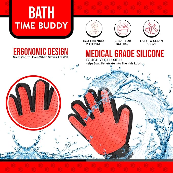 Pet Grooming Gloves – 1 Pair – Deshedding & Bath Massage Mitts for Dogs & Cats – Choose from 5 Colors – Adjustable, Reusable & Easy to Clean (Red)