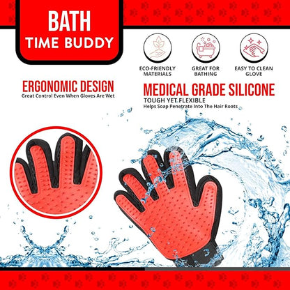 Pet Grooming Gloves – 1 Pair – Deshedding & Bath Massage Mitts for Dogs & Cats – Choose from 5 Colors – Adjustable, Reusable & Easy to Clean (Red)