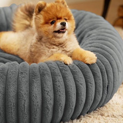Bedsure ComfyFleece Donut Small Dog Bed - Dog Beds for Small Dogs with Corduroy Fleece & Anti Slip Bottom, Round Faux Fur Pet Beds with Washable Removable Cover, Warm Grey, 23x23x7 inches