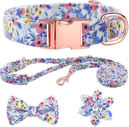 Dog Collar and Leash Set Girls Adjustable Puppy Collars with Floral Bow Tie for Small Medium Large Female Dogs, Blue Flower, L