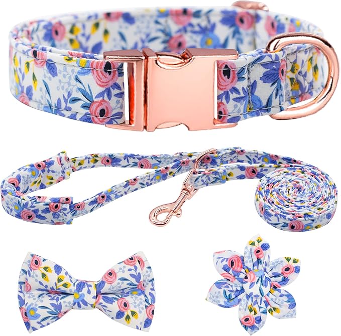 Dog Collar and Leash Set Girls Adjustable Puppy Collars with Floral Bow Tie for Small Medium Large Female Dogs, Blue Flower, S