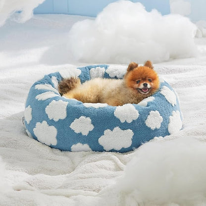 LE SURE Donut Small Dog Bed - Round Cat Beds for Indoor Cats as Gift, Cute Modern Home Decor Beds with Jacquard Shaggy Plush & Anti Slip Bottom, 27 Inch, Blue