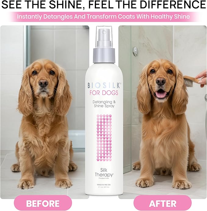 BioSilk for Pets Silk Therapy Detangling Plus Shine Mist for Dogs - Reduces Matted Fur, Shiny & Soft Coat - Suitable for All Dogs & Puppies, Made in USA, 8 Fl Oz - 2 Pack