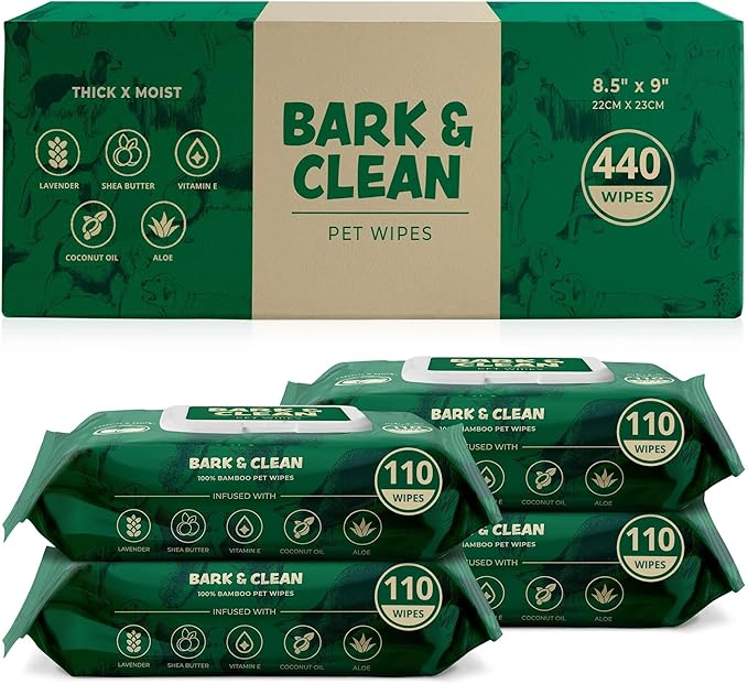 Bark & Clean 440 Dog Wipes for Cleaning and Deodorizing - 4 Pack of 110 8.5" x 9" Bamboo Pet Wipes - Compostable, Hypoallergenic Puppy Wipes - Dog Wipes for Paws, Butt, and Body