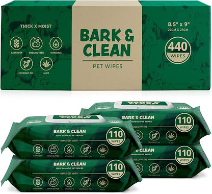 Bark & Clean 440 Dog Wipes for Cleaning and Deodorizing - 4 Pack of 110 8.5" x 9" Bamboo Pet Wipes - Compostable, Hypoallergenic Puppy Wipes - Dog Wipes for Paws, Butt, and Body