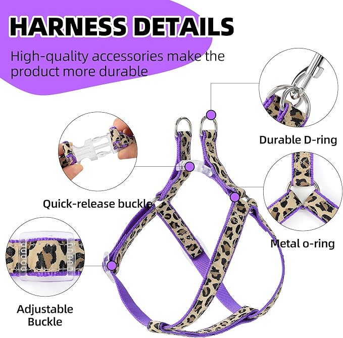 Mile High Life Leopard Dog Harness Collar Leash Set, Adjustable No Pull Dog Halter Harness for Small Breed Dogs, Easy Control for Training Walking (Purple, S Chest 11"-18", Neck 10"-14")