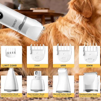 JIUWIIL Dog Clippers for Grooming, 4 in 1 Dog Grooming Kit Hair Clipper with LCD Display, Dog Trimmer for Grooming, Dog Hair Trimmer for Paw Nail Grinder,Shaver Grooming Supplies for Pet Cats Dogs