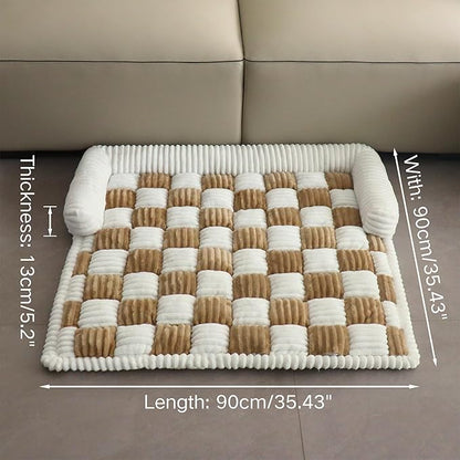 Couch Covers for Dogs and Cats, Fuzzy Dog Sofa bed with Cream Square Plaid, Plush Pet Couch Cover Bed, Thickened Quilted Furniture Protector Mat for Large Medium Pets (Light Brown 35.43"*35.43")