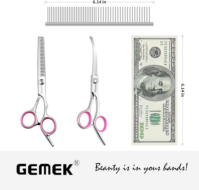 GEMEK Dog Grooming Scissors with Safety Round Tips Stainless Steel Professional Dog Grooming Kit - Thinning, Curved Scissors and Comb for Cat Pet (Pink 4 in 1)