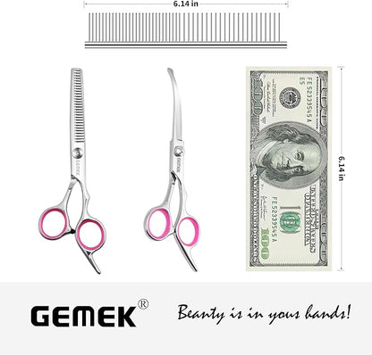GEMEK Dog Grooming Scissors with Safety Round Tips Stainless Steel Professional Dog Grooming Kit - Thinning, Curved Scissors and Comb for Cat Pet (Pink 4 in 1)