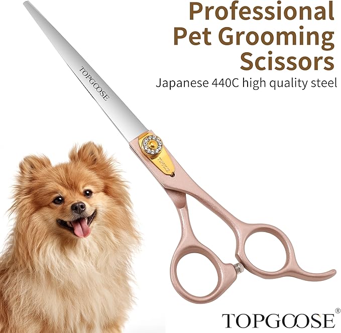 TOPGOOSE 7.5'' Dog Straight Scissors for Grooming 440C Stainless Steel Rose Gold Professional Pet Trimming Scissors Sharp Blades Cutting for Dogs and Cats Shears (Rose Gold, Straight)