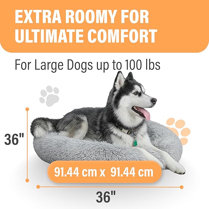 Active Pets Calming Plush Dog Bed Donut Joint Support Anxiety Relief Washable Pet Bed with Removable Cover for Dogs Cats, Large 36", Light Grey