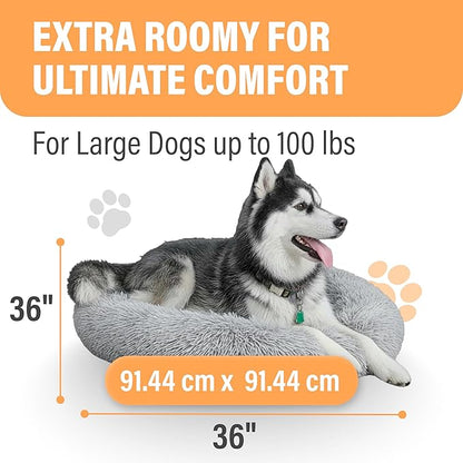 Active Pets Calming Plush Dog Bed Donut Joint Support Anxiety Relief Washable Pet Bed with Removable Cover for Dogs Cats, Large 36", Light Grey