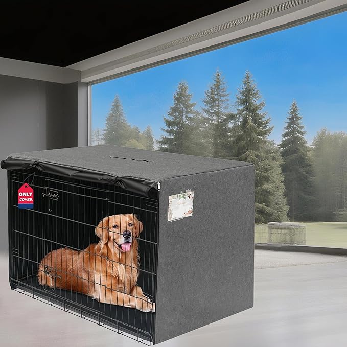 HiCaptain Breathable Dog Crate Cover 48 Inch, Durable Heavy Duty Kennel Cover, Dual Zippered Panels, Windproof Waterproof UV-Resistant (Grey)