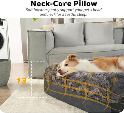 PetFun Memory Foam XL Dog Bed for XLarge Sized, Extra Large Orthopedic Dog Sofa with Sides and Waterproof Liner, Washable Bolster Pet Bed Couch with Removable Cover, 60x43x13 Inch, Dark Grey