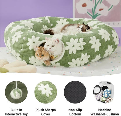 Lesure Large Cat Tunnel Bed - Cute Donut Bed for Indoor Cats with Washable Circle Cushion, Round Pet Peekaboo Cave Toy for Multi Kitten/Puppy/Rabbit, Large Flower Garden Green